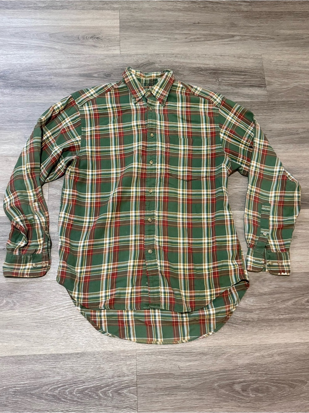 GAP Green Plaid Long-Sleeve Button Down Shirt with Red & Cream Stripes